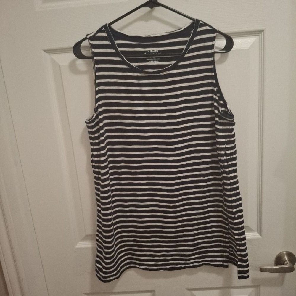 Chico's Large Black Striped Sleeveless Striped Modal Blend Casual‎ Tank Top